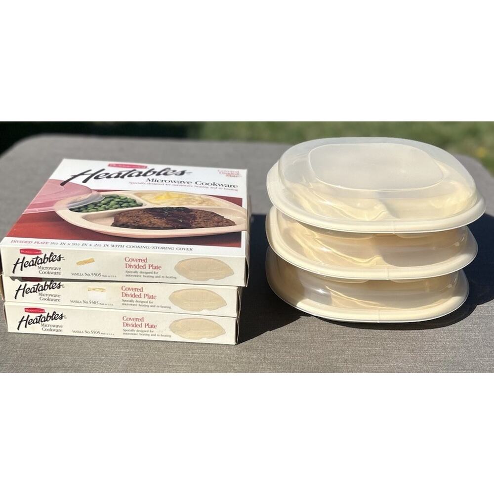Vintage 1986 Rubbermaid Heatable’s Divided Microwave Plates w/Lids #5505 Set 3